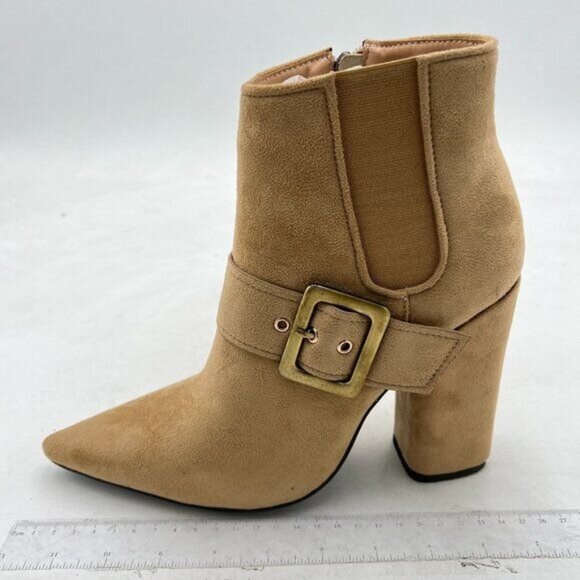 Camel High Chunky Heel Ankle Boots Closed Pointy Toe Pull On Chic Shoes - Picture 1 of 7